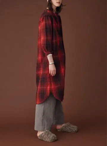 BEAMS BOY 옴브레 체크 원피스 레드