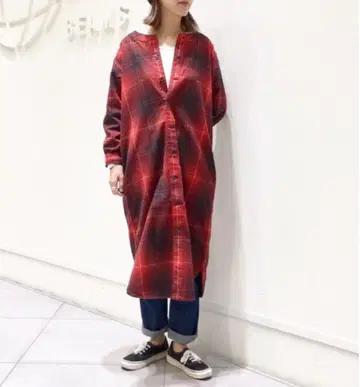 BEAMS BOY 옴브레 체크 원피스 레드