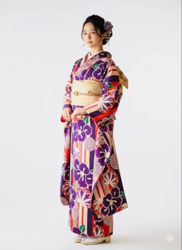 여성용 성인식 후리소데 단품 큰 보라색 꽃무늬 성인식 결혼식 기모노