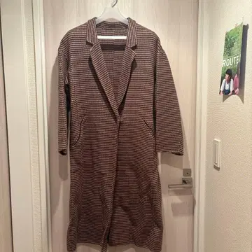 울 혼방 브라운 체크 롱 코트