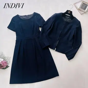 새상품급 인디비 원피스 수트 셋업 트위드 노카라 네이비