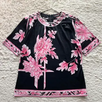 레오나르 티셔츠 셔츠 올 패턴 꽃무늬 트리밍 코튼 블랙 핑크 L