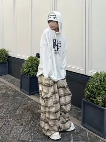 LUV CODE 체크 와이드 카고 팬츠