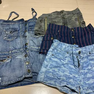 데님 오버롤 스커트와 카모플라쥬 숏팬츠 세트