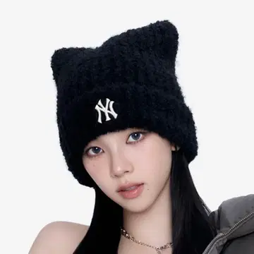 한국 MLB korea 고양이 귀 니트 모자 블랙