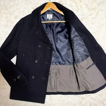 뷰티유스 울 코트 더블 브레스트 가죽 부분 소가죽 네이비 L