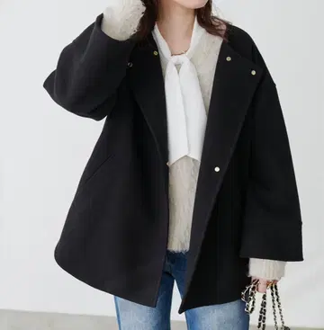 고급 미들 기장 토퍼 코트 블랙