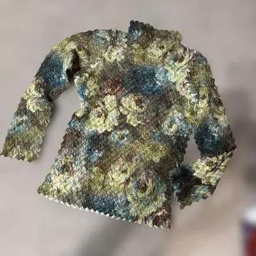 일본제 wrinqle 꽃무늬 하이넥 긴팔 상의