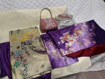 보라색 꽃무늬 후리소데 기모노 풀세트