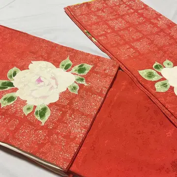 순수 실크 츠케사게 이중 기모노 빨간색 주황색 장미 패턴