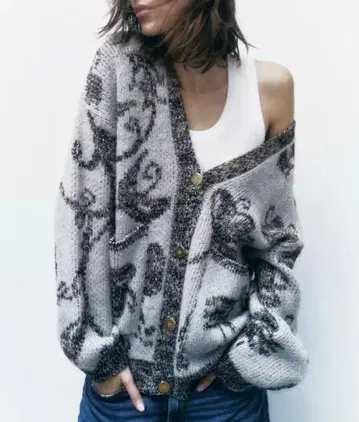 ZARA 자라 메탈릭 스레드 자카드 니트 가디건