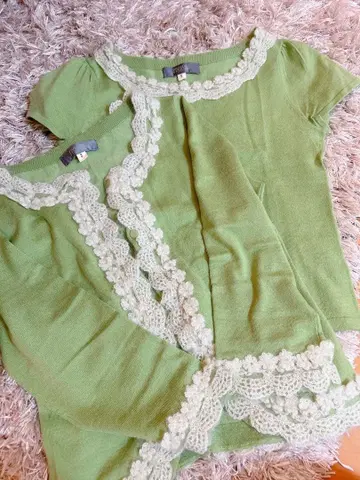 라이트 그린 가디건 긴팔 앙상블 레이스 장식 포함