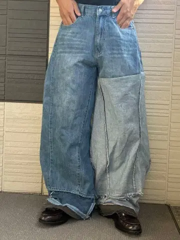 [ 하나뿐인/초와이드 ] 데님 재구축 바이컬러 와이드 배기 팬츠