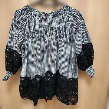 새상품급 Tanppoppo 깅엄 체크 오프숄더 블라우스 F