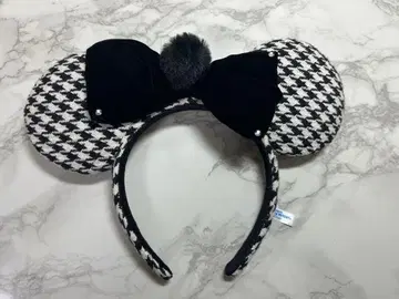 미니 머리띠 하운드투스 체크 패턴 블랙 리본 디즈니랜드 디즈니씨
