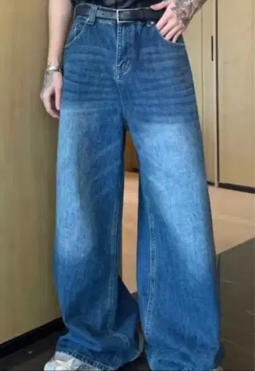 블루 데님 와이드 레그 팬츠