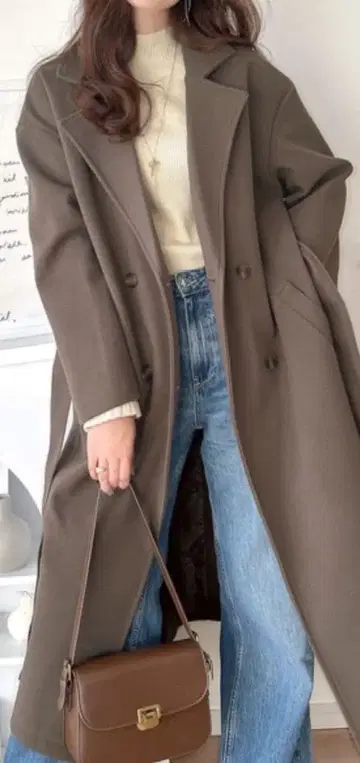 새상품 클래식 엘프 페이크 울 벨트 더블 롱 체스터 코트