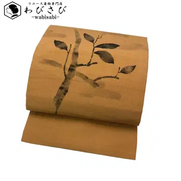 나고야 오비 명주 작가 작품 손그림 가지 잎 무늬 여우색 O-5744