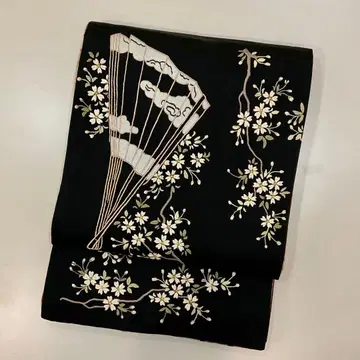 앤티크 비단 부채와 벚꽃 수제 자수 리버서블 후쿠로 오비