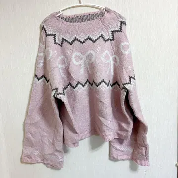 새상품급 쉘 핑크 리본 패턴 오버 사이즈 니트 [ XXL ]