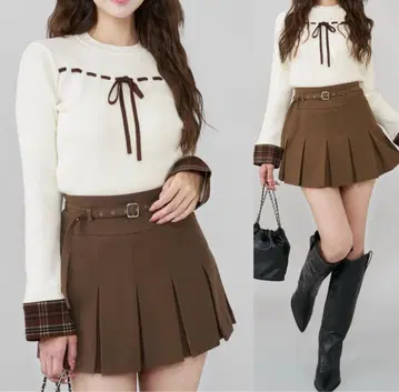 Darich 리본 포함 화이트 소매 체크 무늬 긴팔 스웨터