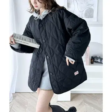 클래식 엘프 미들 기장 노카라 무지 물결 모양 퀼팅 자켓