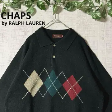 CHAPS 랄프 로렌 카라 부착 니트 하프 버튼 울 아가일 M