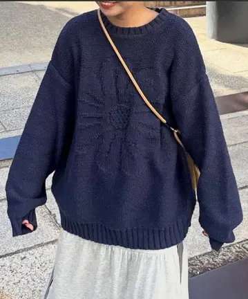 CPCM 동일 컬러 꽃 무늬 자카드 니트 S 네이비