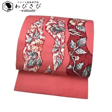 나고야 오비 새 무늬 꽃 무늬 사야형 원단 패턴 매실 겹색 O-5751