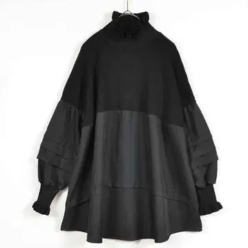 M~L 프릴 하이넥 니트 절개 블라우스 튜닉 여성용 블랙