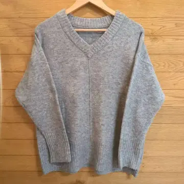 여성용 긴팔 니트 그레이 V넥 스웨터 울 심플