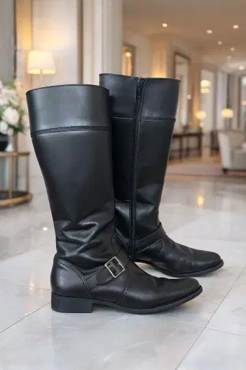 천연 가죽 롱 부츠 여성용 블랙 23cm