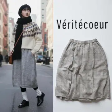 새상품급 베리떼꾸르 글렌체크 스커트 울 린넨 실크 혼방 종아리 기장