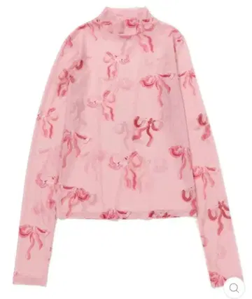 POPPY 리본 무늬 핑크 긴팔 하이넥 상의