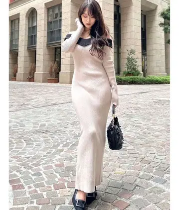 오프숄더 타이트 롱 니트 원피스