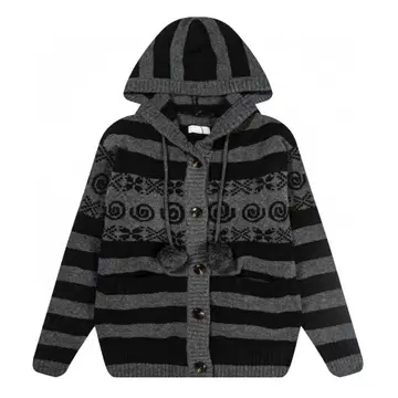 Hugyourskin 후드 부착 스트라이프 니트 가디건