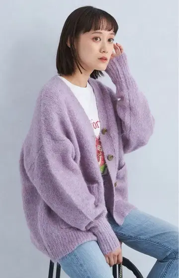 그린 라벨 릴랙싱 알파카 샤기 V넥 가디건