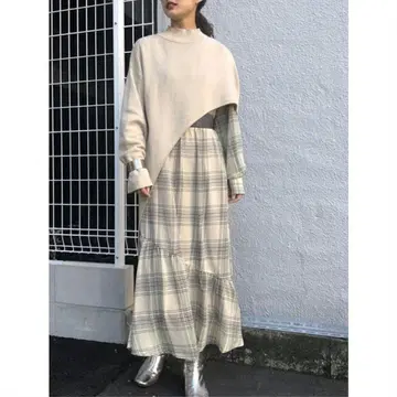 [ 앤드지 에임 ] 케이프 니트 & 체크 시어 롱 원피스