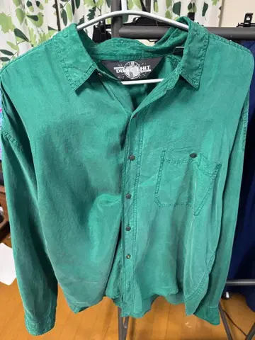 구제 의류 100% 실크 그린 컬러 긴팔 셔츠 L 사이즈