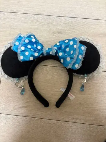 미키 귀 머리띠 블랙과 스카이블루 물방울 패턴 디즈니