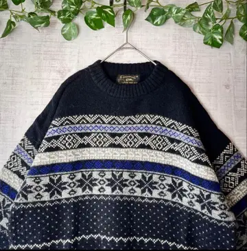 gim 페어아일 패턴 니트 스웨터 퓨어 울 블랙 남녀 공용 사이즈 L