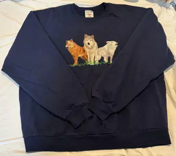구제 의류 개 자수 네이비 크루넥 맨투맨 동물 늑대 애니멀