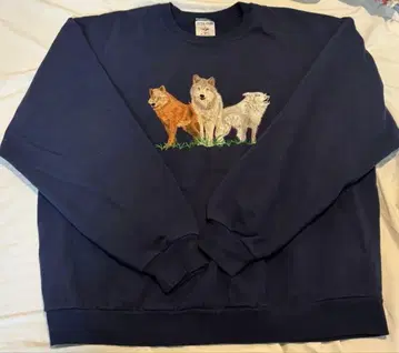 구제 의류 개 자수 네이비 맨투맨 동물 늑대 애니멀 빈티지