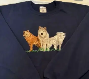 구제 의류 개 자수 네이비 맨투맨 동물 늑대 애니멀 빈티지