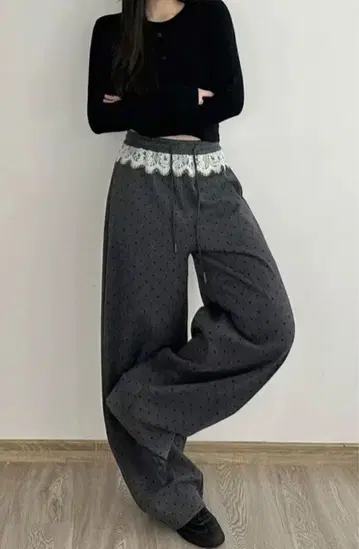 스웨트 팬츠 도트 무늬 레이스 레이어드