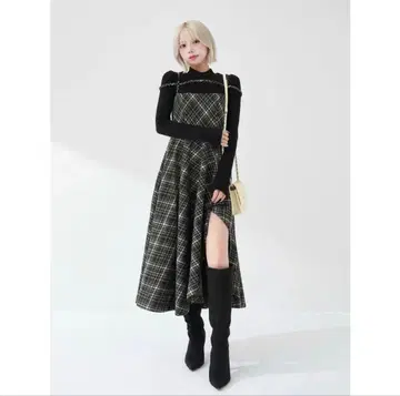 Darich 레이어드 체크 언밸런스 헴 미디 원피스 FREE 사이즈