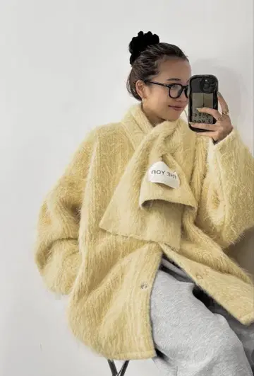 THE YOn 스톨 세트 헤어리 샤기 노카라 미들 코트