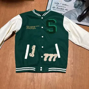 NATEAU 바시티 자켓 그린 컬러 화이트 컬러