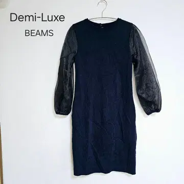 Demi-Luxe BEAMS 네이비 시스루 소매 무릎 기장 원피스
