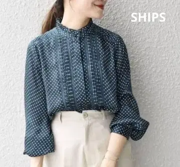 SHIPS 도트/솔리드 프릴 핀턱 레이스 블라우스